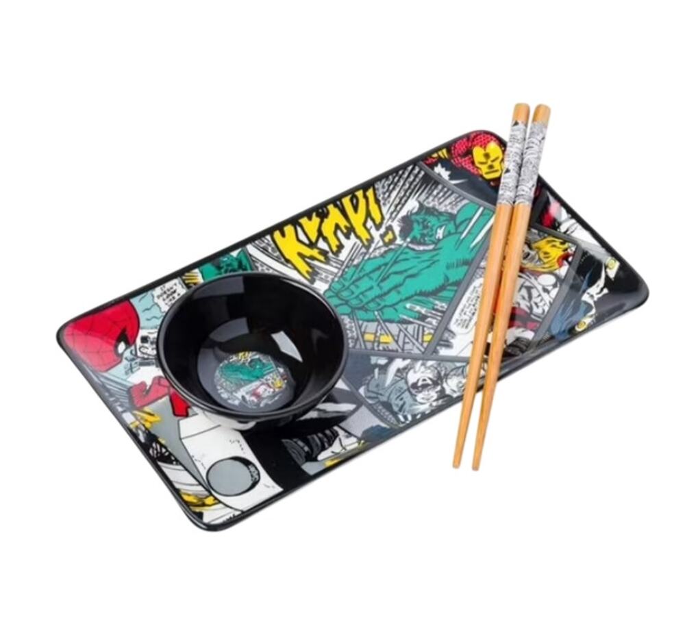 Marvel Comics Collage 3 PC Ceramic Sushi Set Plate Bowl Chopsticks Superhero NIB